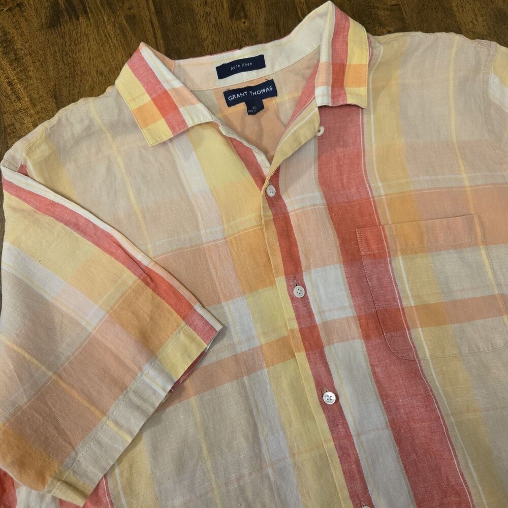 Grant Thomas Mens Plaid 100% Linen Button Up Shirt XL Short Sleeve Resort Beach
